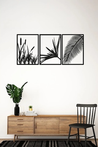 3'lü Lazer Kesim Dekoratif Ahşap Sazlık Tablo - 98x25 Cm Her Biri 18x25 Cm