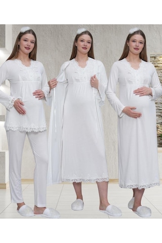 Mecit Pijama Mecit 1519 Bayan Hamile Lohusa Ekru Sabahlık Gecelik Pijama Seti
