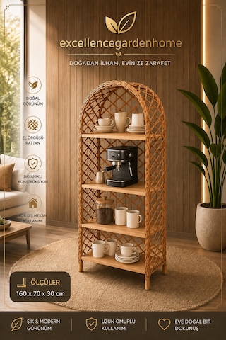 Latte Rattan Kahve Köşesi Kitaplık Çiçeklik El İşçiliği Dekoratif Raf Balkon Bahçe Ev Dekorasyonu Kahverengi