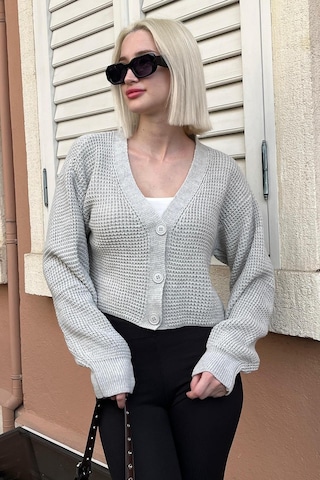 Madmext Gri Uzun Kollu Düğmeli Crop Hırka Mg2198 Gri