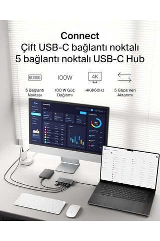 Belkin Usb-c Hub, 5 Portlu, 60 Hz De 4k Hdmi Ekran Desteği, 100w