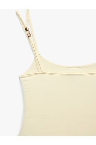 Koton Slim Fit U Yaka Boncuklu Askılı Bodysuit Ekru 6sak10415ek