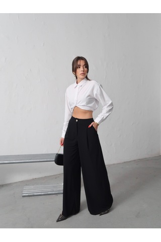 Paw Garage Kadın Lea Düğme Detaylı Palazzo Kumaş Pantolon Siyah