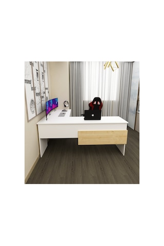 Sell 180 Cm L Çalışma Masası Ofis Masası Oyuncu Masası Beyaz - Safir Meşe Beyaz - Safir Meşe
