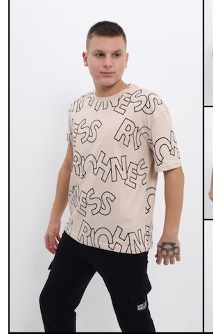 Erkek Çocuk Pamuklu Harfli Rahat Kalıp Tshirt-12817-vizon Vizon