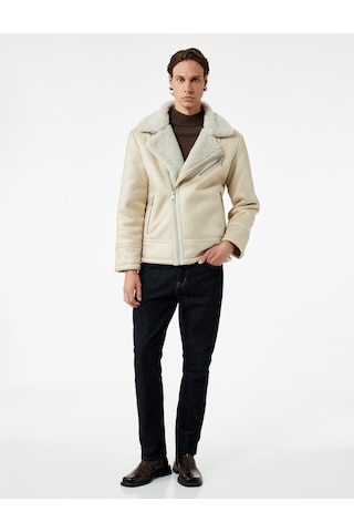 Koton Fermuarlı Cep Detaylı Slim Fit Peluş Yaka Kışlık Suni Deri Ceket Bej 6wam20095hw Ekru