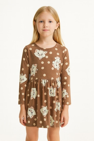 Kedili Kız Çocuk Elbise Kahverengi