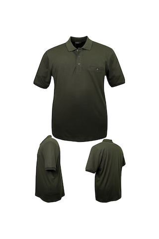 Erkek Büyük Beden 115 - 155 Kilo Arası Uygun Bedenli Likralı Pike Polo Yaka Cepli Tişört Haki Yeşil