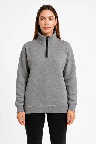 Valensdesign Üç İplik Dık Yaka Yarım Fermuarlı Sweatshirt - Gri