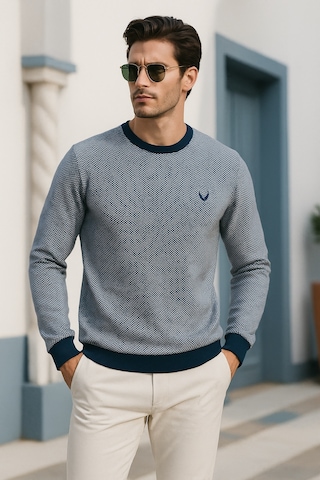 Rich Erkek Lacivert Kare Desenli Bisiklet Yaka Sweatshirt Lacivert
