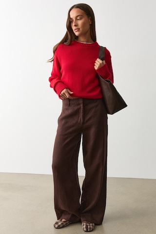 Madmext Kahverengi Yüksek Bel Keten Wide Leg Pantolon Mg2718