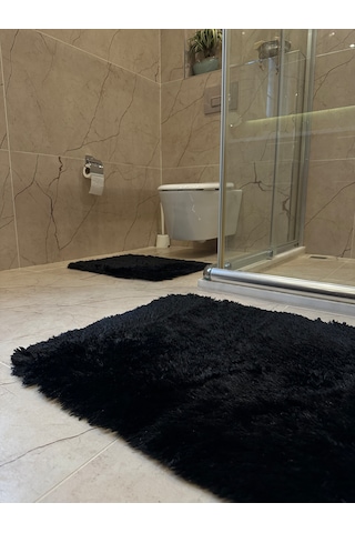 Tavşan Siyah Kaymaz Tabanlı 2'li Banyo Halısı Seti