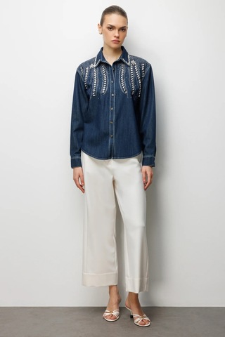 Ekol Kadın Taş İşlemeli Denim Görünümlü Gömlek 2910 Indigo Indigo