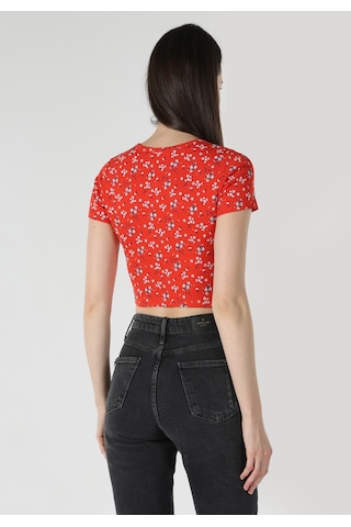 Colins Slim Fit Yuvarlak Yaka Çiçekli Kadın Kirmizi Kısa Kol Tişört Cl1063447 Q1.v2 Crl MERCAN