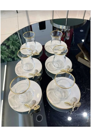 Çnr Home Collection Pandoranin Kutusu Porselen Tabakli Taşli Çay Seti Gold