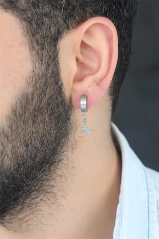 Silver Renk Kaplama Osmanlı Tuğra Figürlü Kıstırmalı Çelik Erkek Küpe Çok Renkli