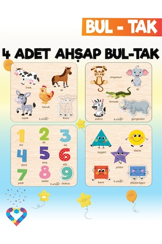 Eğitici 4 Adet Bul-tak Oyuncak Hayvanlar, Orman Hayvanları , Rakamlar Ve Geometrik Şekiller