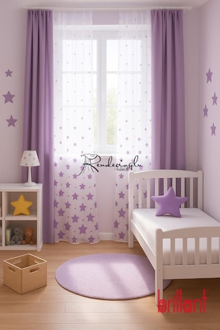 Brillant Marka Yıldız Desenli Tül Perde Örme Kumaş, Çocuk Odası İçin Özel Tasarım Mor Mor