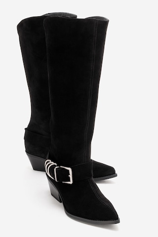 Luvishoes Helıos Siyah Süet Hakiki Deri Tokalı Kadın Western Çizme Siyah Süet