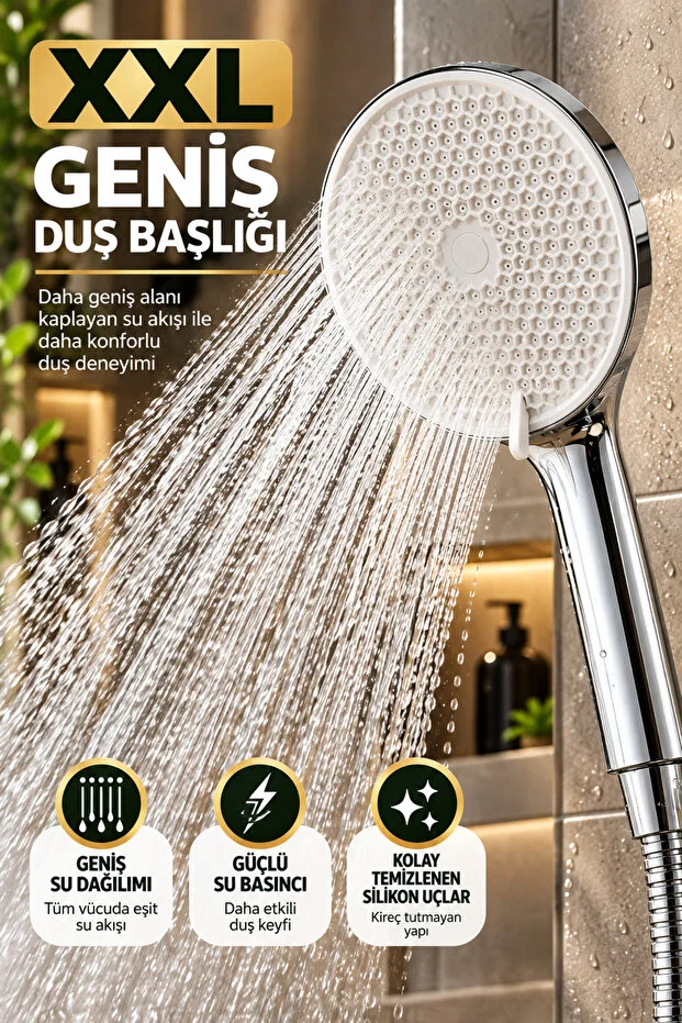 Duş Başlığı Duş Seti Xxl 5 Fonksiyonlu Yüksek Basınç Geniş Başlık Çelik Örgülü Hortum Mafsal Krom