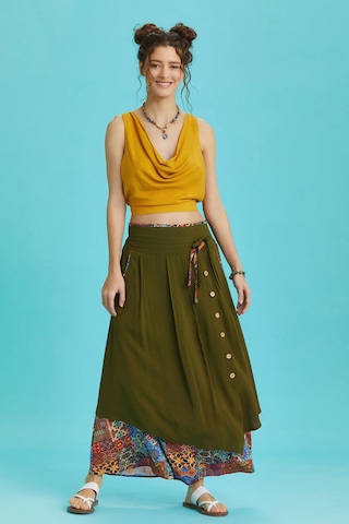 Düğme Detaylı Beli Bağcıklı Cepli Desenli Etek Turuncu