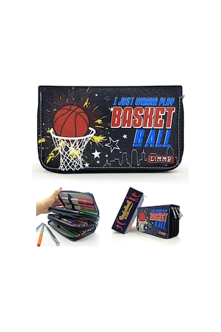 Kalem Kutusu Basketbol Kawai Organizer Kalemkutu Vegan Deri Üç Bölmeli Kalemlik Siyah