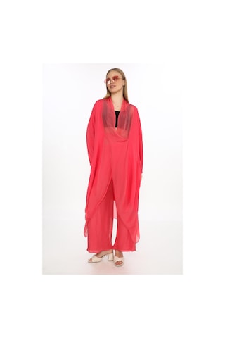 Bohem Stil Italyan Ipek Detaylı Oversize Kap Bluz- Wes Pantolon Takım-8863 Mercan Pembe