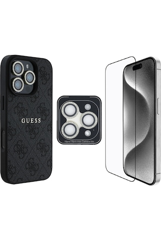 Apple iPhone 16 Pro Max Uyumlu Guess Lisanslı 3in1 Aksesuar Seti Kılıf + Ekran Ve Lens Koruyucu Siyah