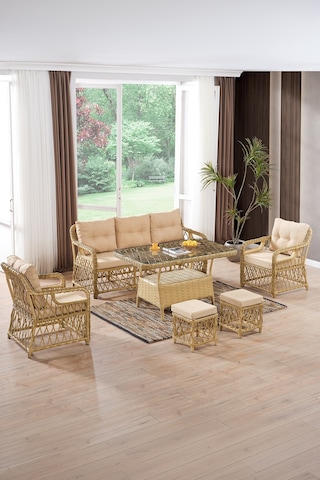 Edra Rattan Puflu Bahçe Balkon Takımı 3+1+1+camlı Masa Cappuccino Cappuccino
