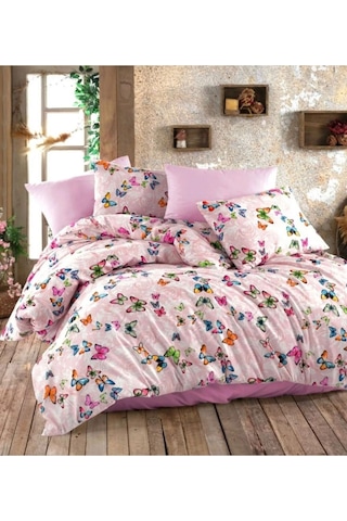 Lionas Tek Kişilik Yorgan Kılıfı 1 Adet Yastık Kılıfı Pembe Kelebek Pembe