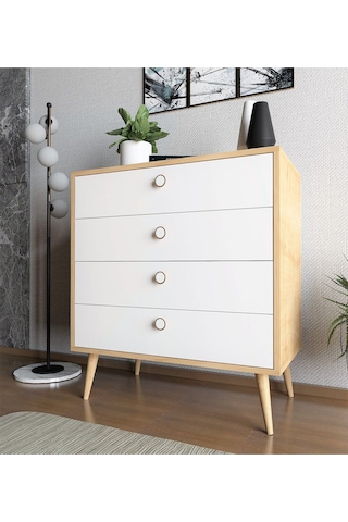 Floradesign Zen Şifonyer / Çok Amaçlı Dolap/ Çekmeceli Şifonyer / Kapaklı Şifonyer / 4 Çekmeceli Şifonyer 80cm Meşe/beyaz