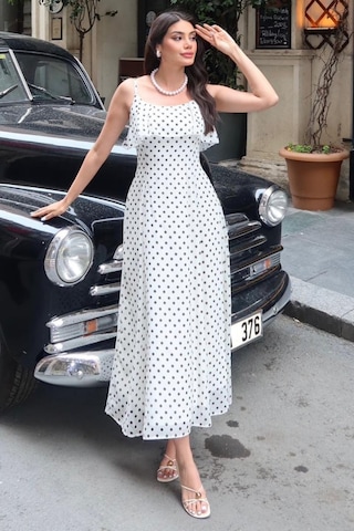 Kechi Woman Şifon Astarlı Puantiyeli Askılı Elbise Beyaz