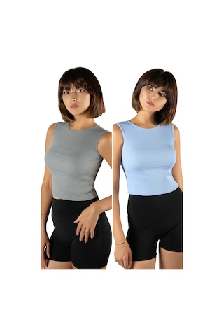Terapi Men 2'li Paket Gri Mavi Fitted/vücuda Oturan Crop Halter Yaka Fitilli Esnek Örme Bluz Atlet Gri-mavi