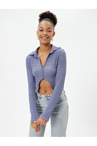 Koton Crop Bluz Asimetrik Kesim Dokulu Slim Fit Uzun Kollu Gömlek Yaka Mavi 4sal60021ık 4SAL60021IK624