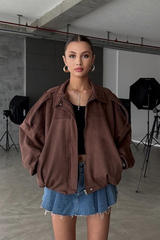 Öner Oversize Kadın Bomber Acı Kahve Süet Deri Ceket Kahverengi3565 Kahverengi3565
