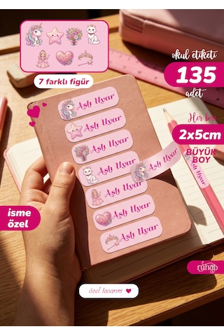 Kız Çocukları Okul Etiketi / İsme Özel / 135 Adet / 2x5 Cm / Sevimli Figürler Çok Renkli