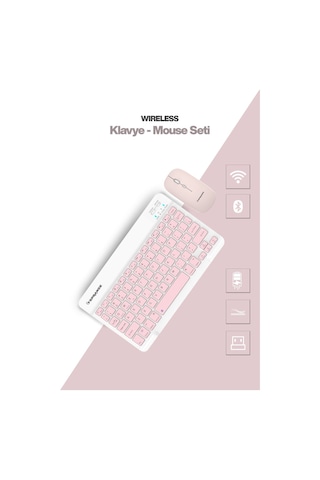 Tablet Ve Telefonlar İçin Bluetooth - Wireless Klavye Ve Mouse Set - Pembe Diğer