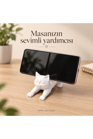Kedi Figürlü Telefon Standı Beyaz Dekoratif Masaüstü Telefon Tutucu