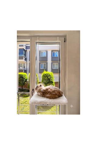 Askılı Kedi Pencere Yatağı - Peluş Kumaşlı Cam Önü Kedi Hamak Yatağı Beyaz