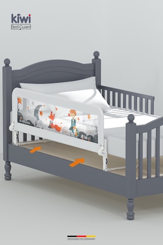 Kiwi Bed Guard Asansörlü Beyaz Dinozor Desenli, Çocuk Yatak Bariyeri, Yatak Korkuluğu 150x60-70 Cm