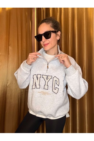 Ali Butik Gri Nyc Nakışlı Şardonlu Sweatshirt Gri
