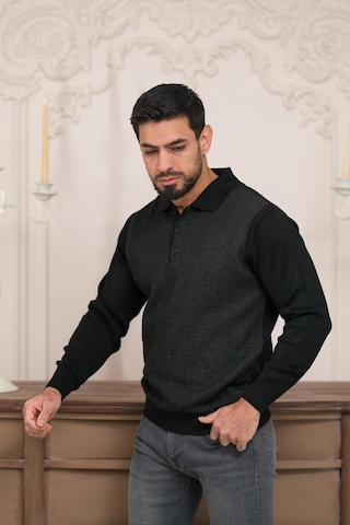 Woolen World Polo Yaka Armürlü Yünlü Erkek Triko Kazak Siyah