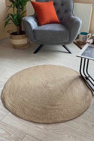 Kilim Saç Örgü Jüt İp Düz Yuvarlak 90x90 cm