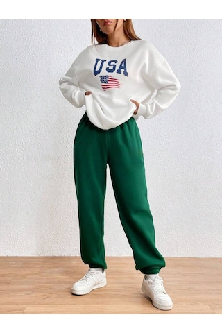 Usa Bayrak Eşofman Takımı Beyaz Sweatshirt Yeşiljogger - Baskılı Oversize Şardonlu Bisiklet Yaka Beyaz Yeşil