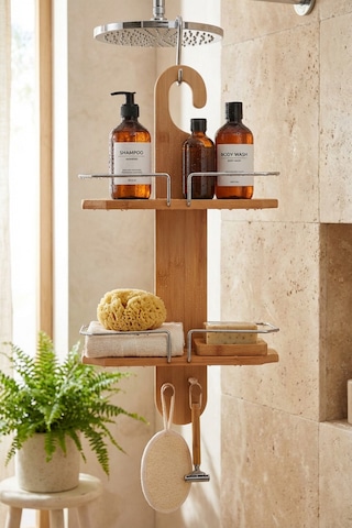 Makri Home Bambu Banyo Düzenleyici Organizer Banyo Köşeliği, Şampuanlık Bej