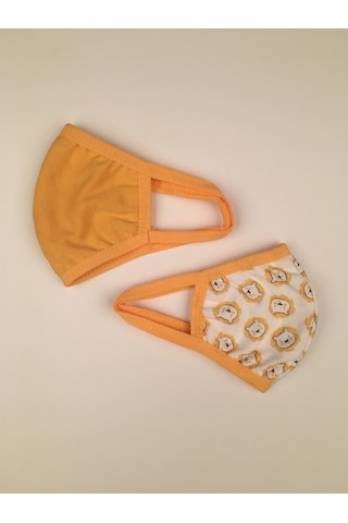 Lindobaby Bibaby Organik Maske 2Li Aslanlı Beyaz - Hardal