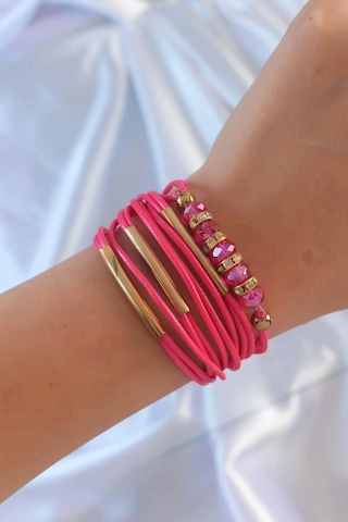 Pembe Renk Zirkon Taşlı Metal Aksesuarlı İpli Çoklu Bileklik - Lisinya Çok Renkli