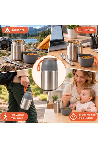 Master 450 Ml Çelik Yemek Termosu 304 Paslanmaz Çelik Sıcak Soğuk Yemek Ve Mama Kabı, Kaşıklı, Taşıma Kulplu-496 Gümüş