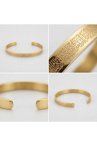 Lazer Kazıma Ayetel Kürsi Dualı Paslanmaz Çelik Gold Kelepçe Bileklik 09079778
