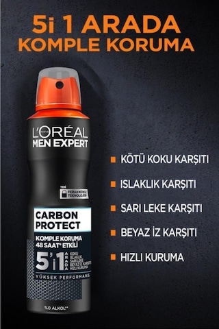 L'Oréal Paris Carbon Protect 5'i 1 Arada Erkek Sprey Deodorant 150 ML